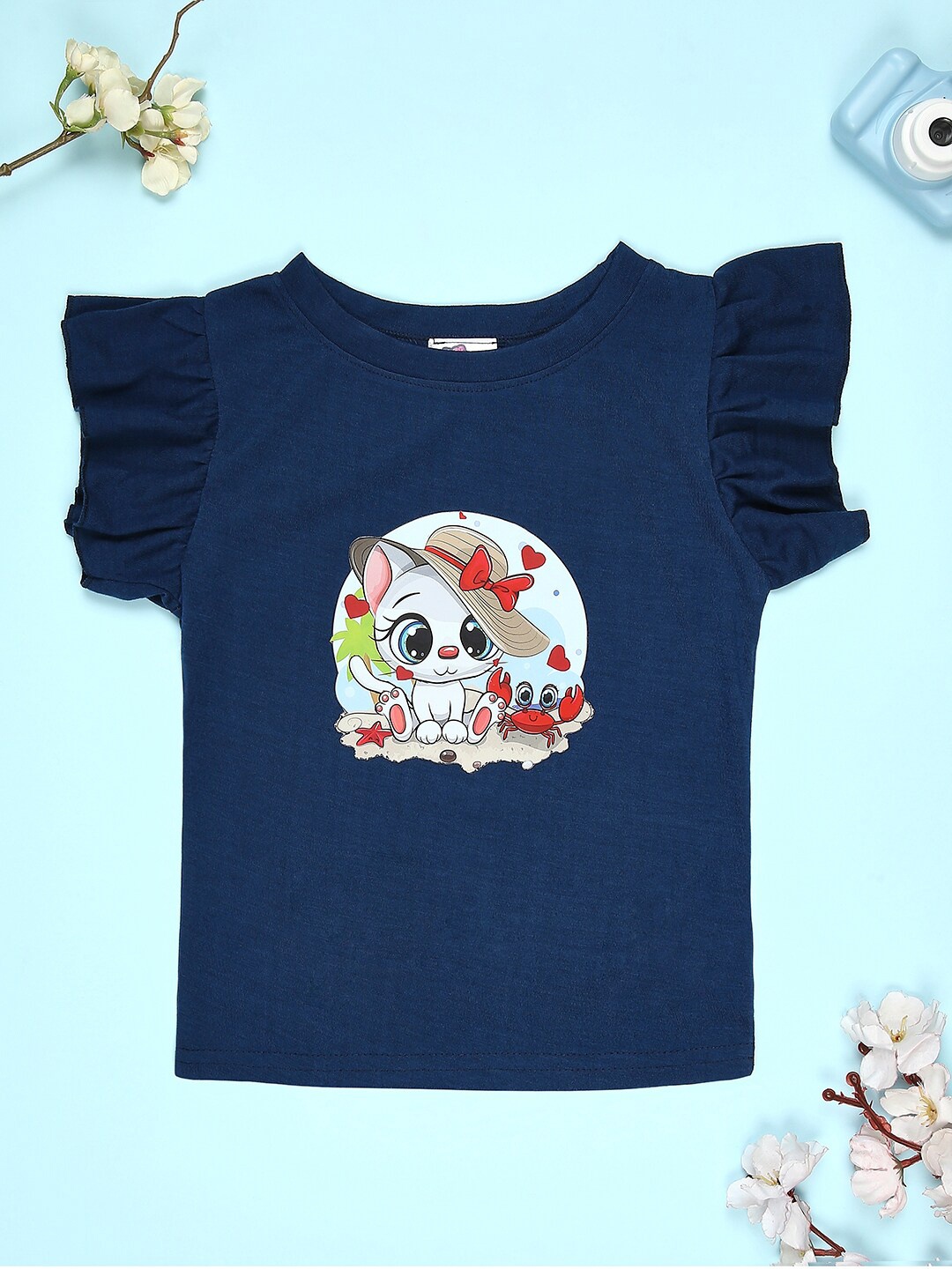 

Cutiekins Girls Graphic Printed Round Neck Cap Sleeves Regular T-shirt, Navy blue
