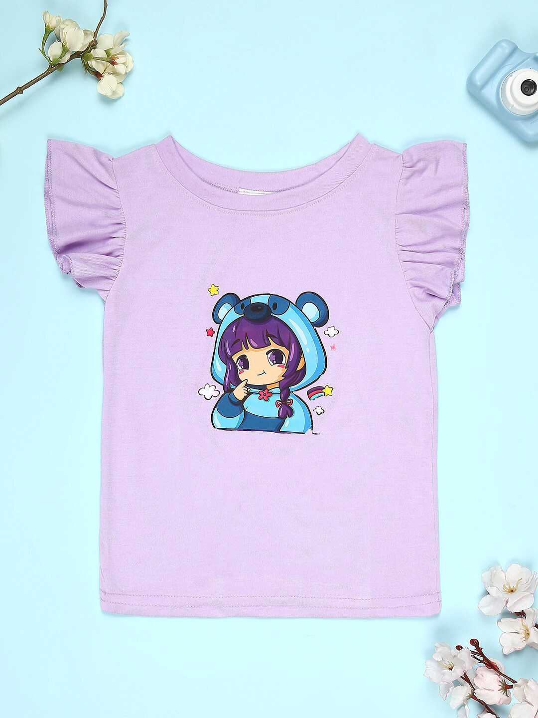 

Cutiekins Girls Graphic Printed Round Neck Cap Sleeves Regular T-shirt, Lavender