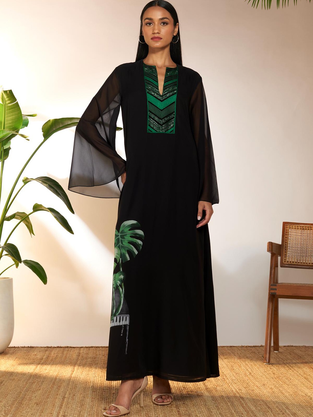 

Masaba Flared Sleeves Embroidered Georgette Maxi Dress With Slip, Black