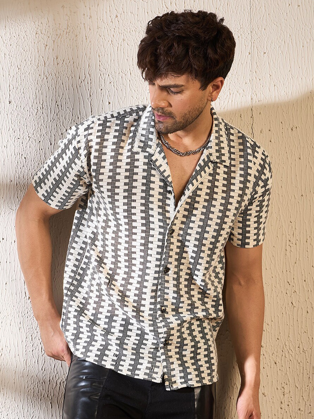 

FUGAZEE Black Cuban Collar Relaxed Striped Cotton Casual Shirt