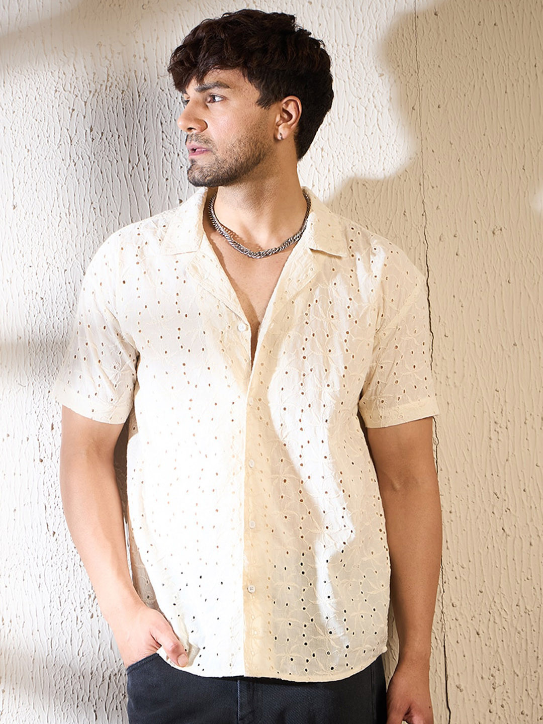 

FUGAZEE Regular Schiffli Embroidered Spread Collar Curved Casual Shirt, Cream