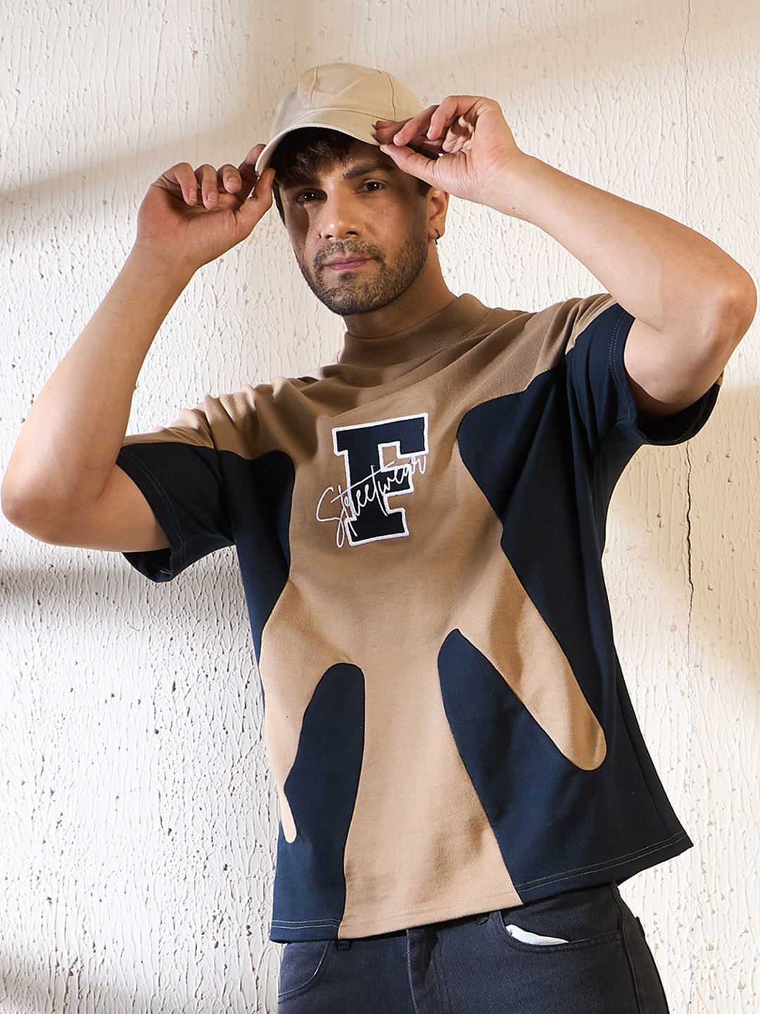 

FUGAZEE Beige Colourblocked Drop-Shoulder Sleeves Cotton Oversized Tshirt