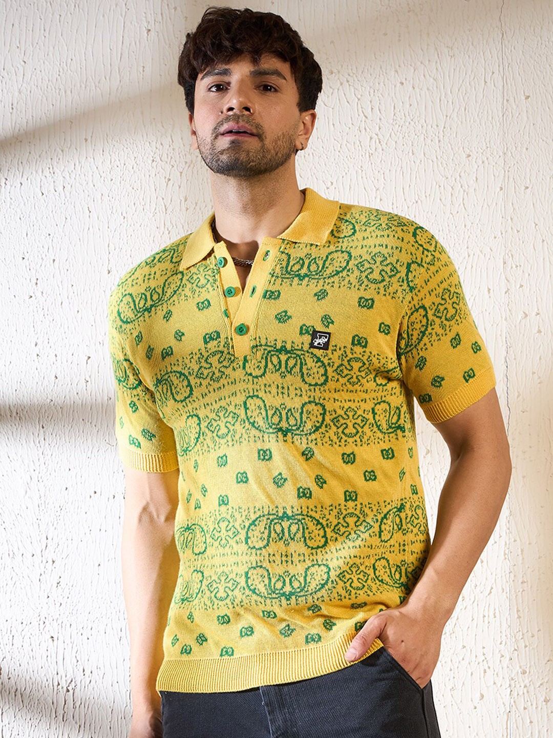 

FUGAZEE Yellow Abstract Printed Polo Collar Cotton Relaxed Fit T-shirt