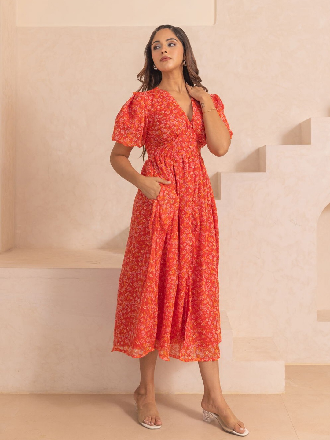 

Polago Clothing Floral Printed Puff Sleeves Chiffon A-Line Midi Dress, Red