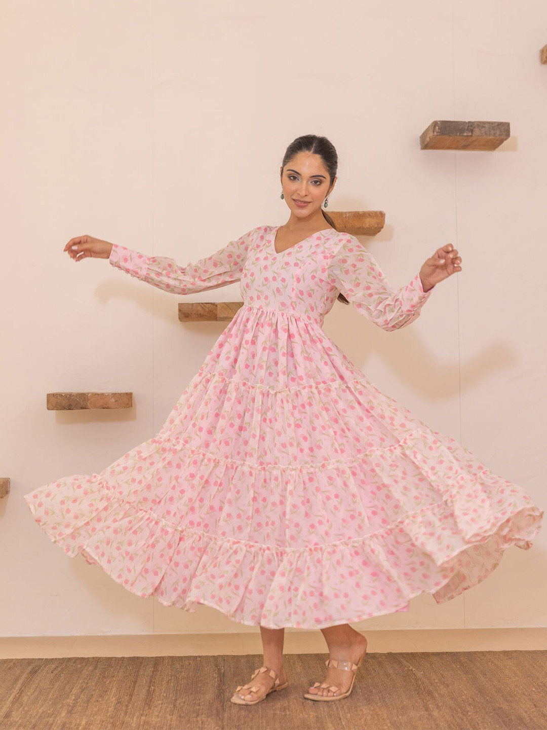 

Polago Clothing Floral Printed Georgette Maxi Dress, Pink