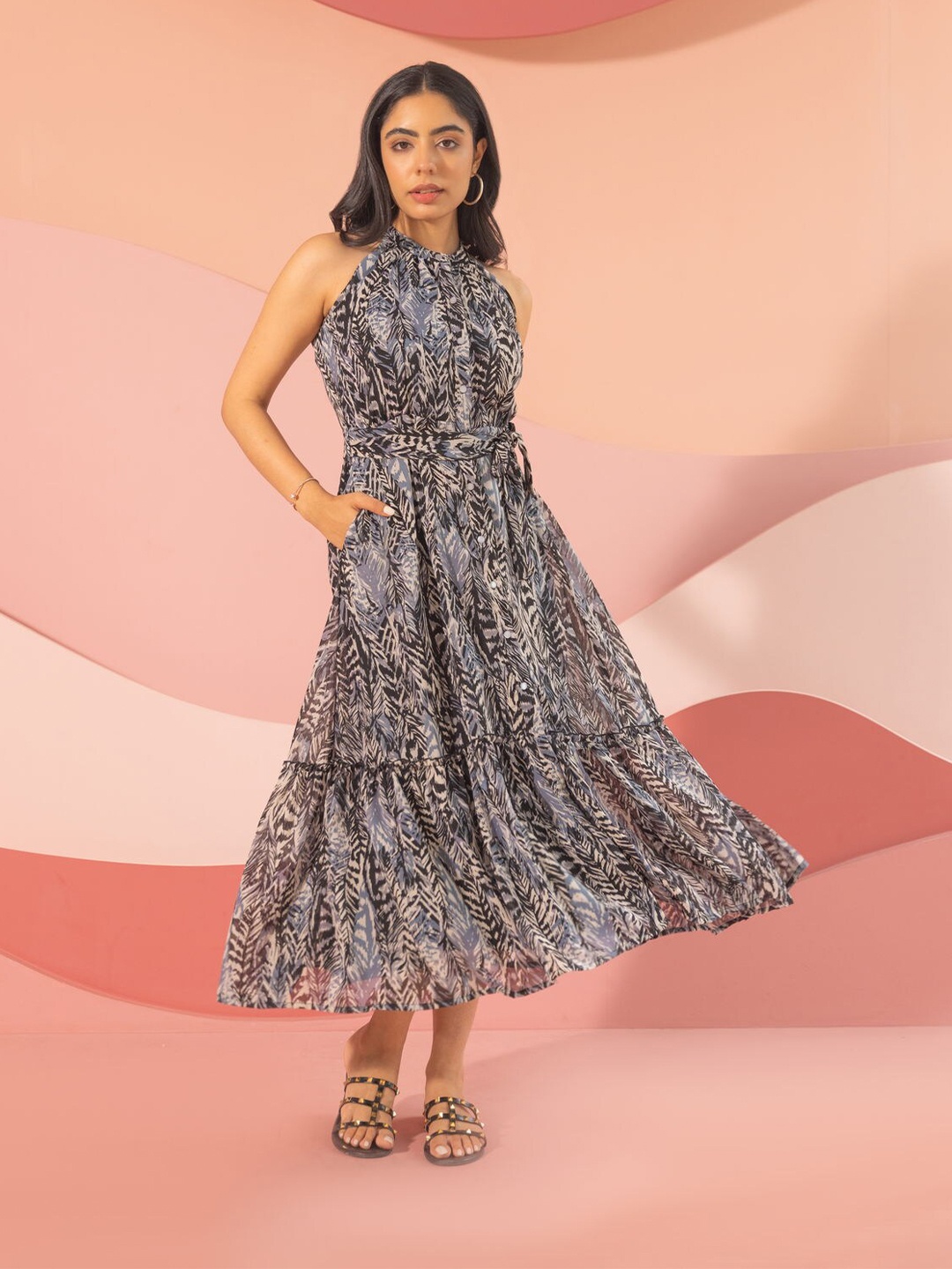 

Polago Clothing Animal Printed Georgette A-Line Midi Dress, Black