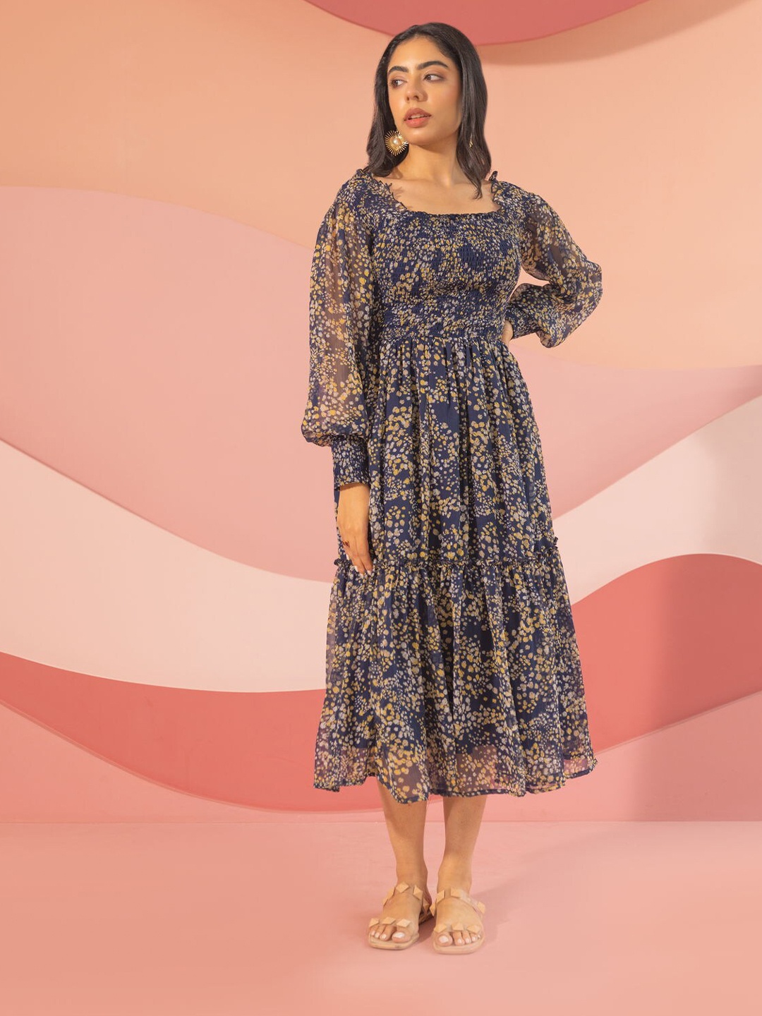 

Polago Clothing Floral Printed Georgette A-Line Midi Dress, Navy blue