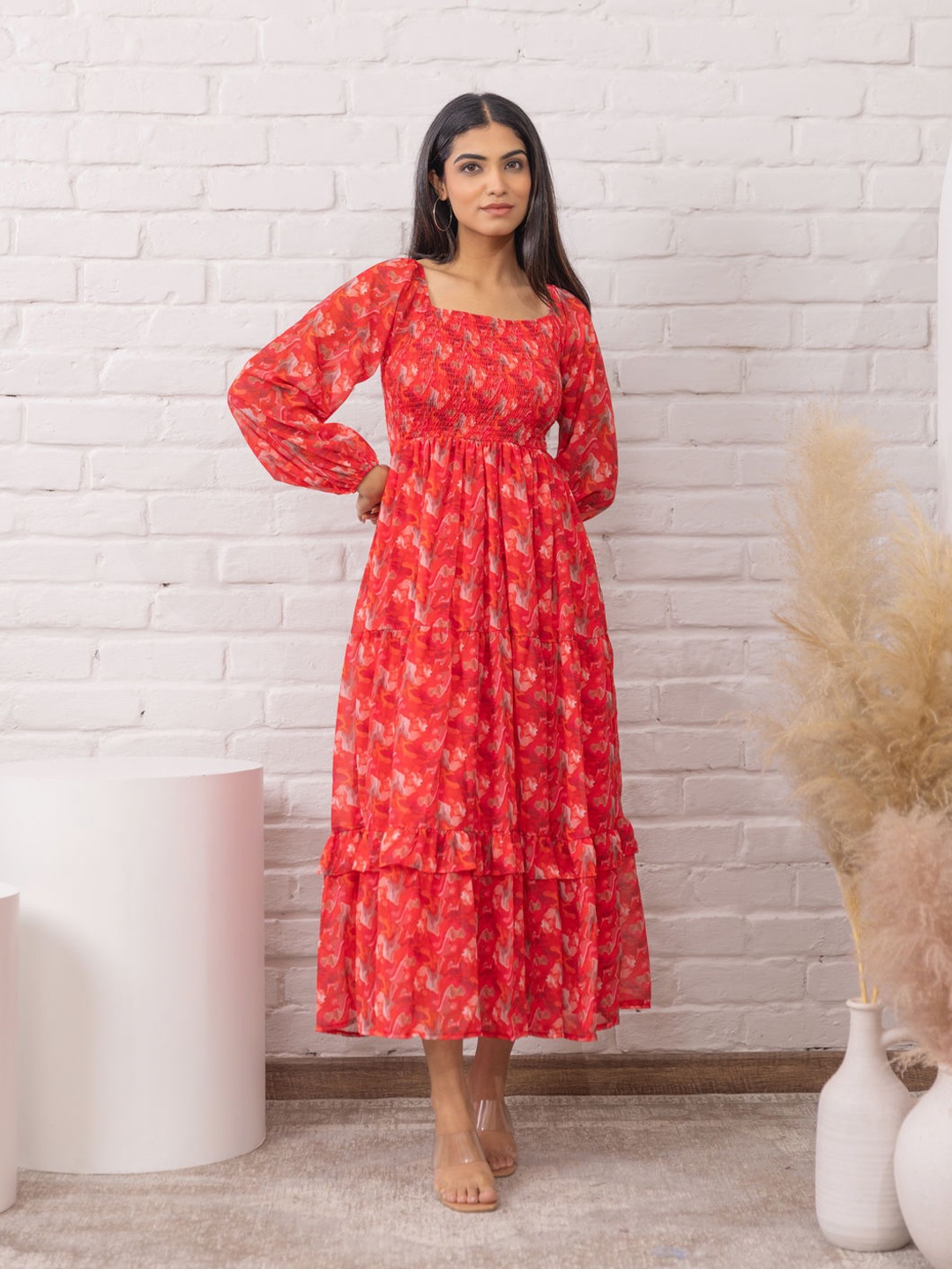

Polago Clothing Abstract Printed Georgette Maxi Dress, Red