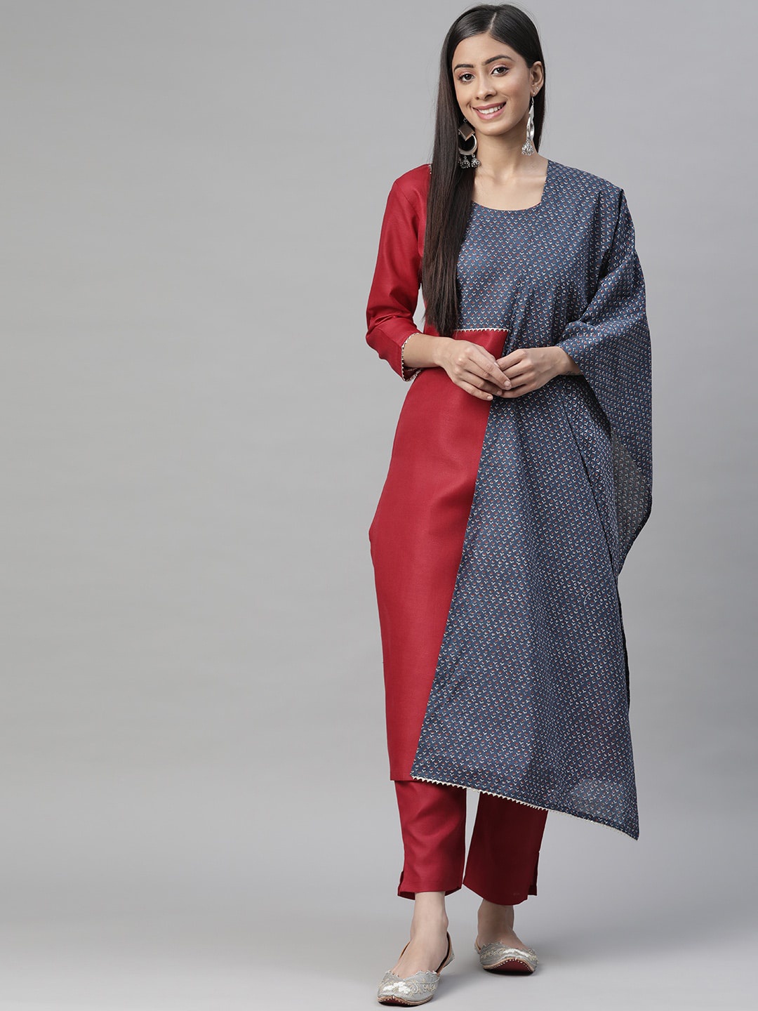

KALINI Floral Yoke Design Straight Kurta with Trousers & Dupatta, Maroon