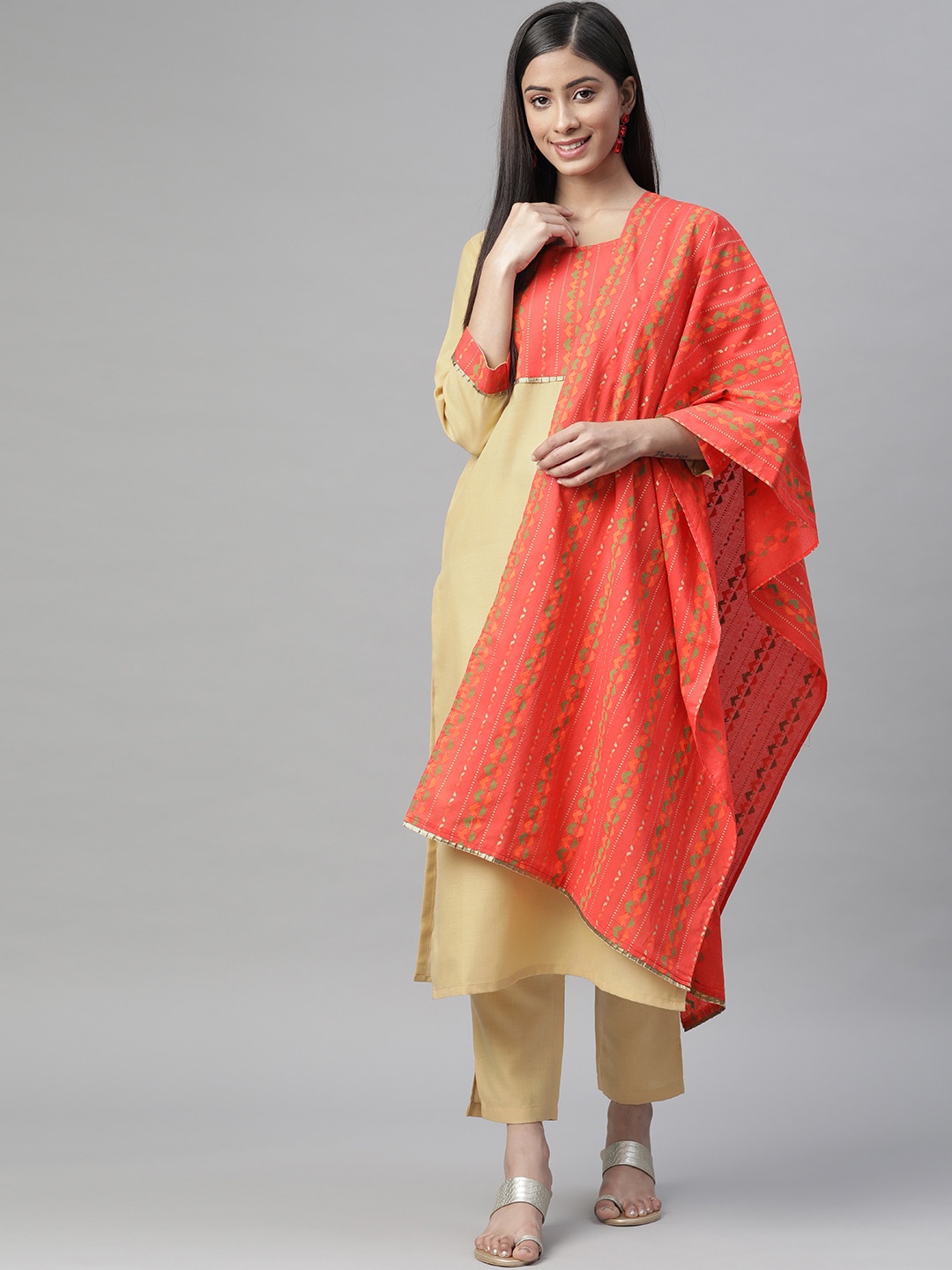 KALINI Floral Yoke Design Kurta with Trousers & With Dupatta, Beige