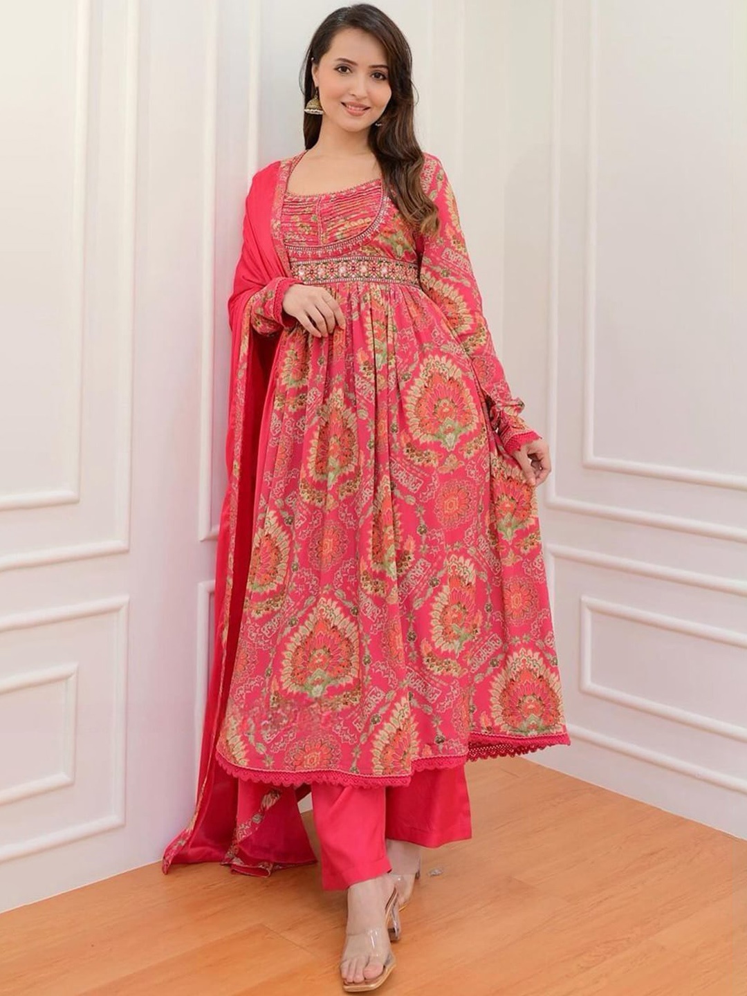 

KALINI Ethnic Motifs Printed Sequinned Anarkali Kurta & Trousers With Dupatta, Pink