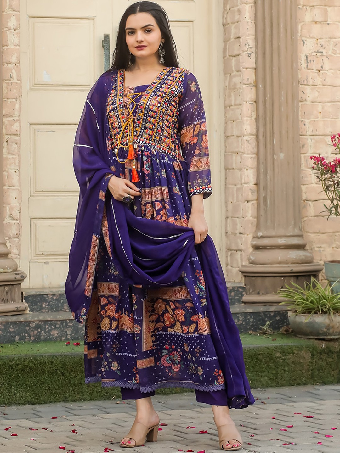 

KALINI Floral Printed Regular Mirror Work Anarkali Kurta with Trousers & Dupatta, Purple