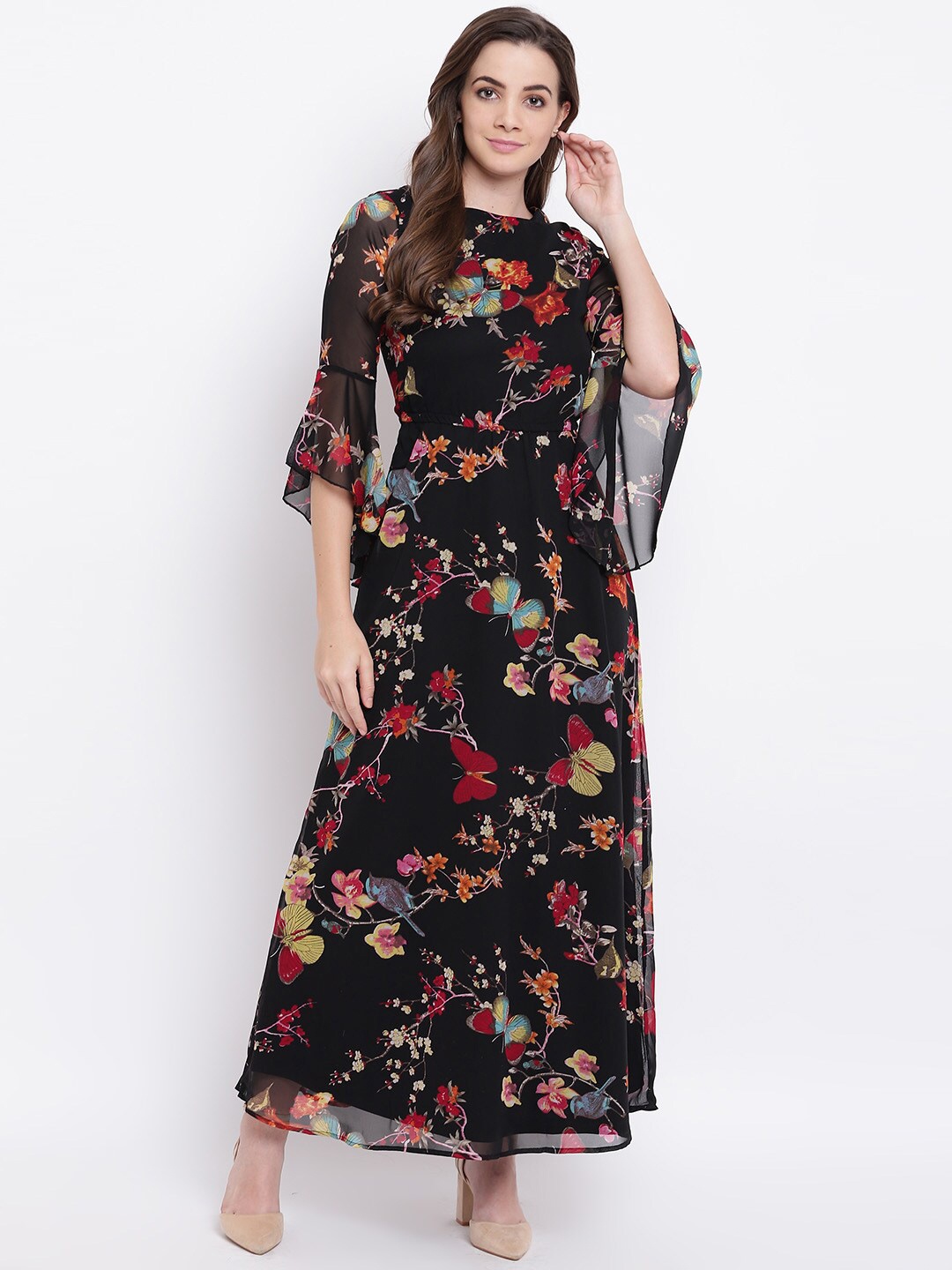 

DressBerry Black Floral Printed Bell Sleeve Georgette Maxi Dress