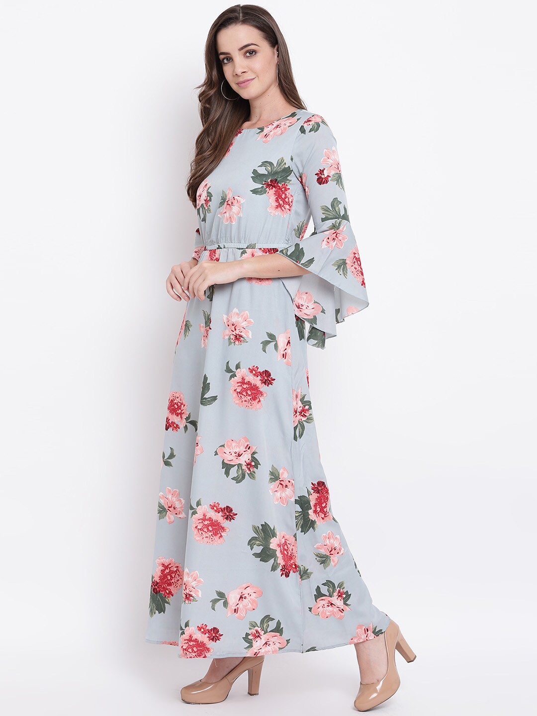 

DressBerry Blue Floral Printed Bell Sleeve Georgette Maxi Dress