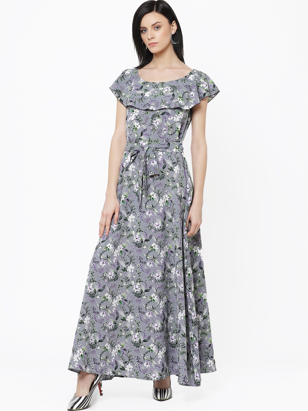 

DressBerry Grey Floral Printed Cape Sleeve Crepe Maxi Dress