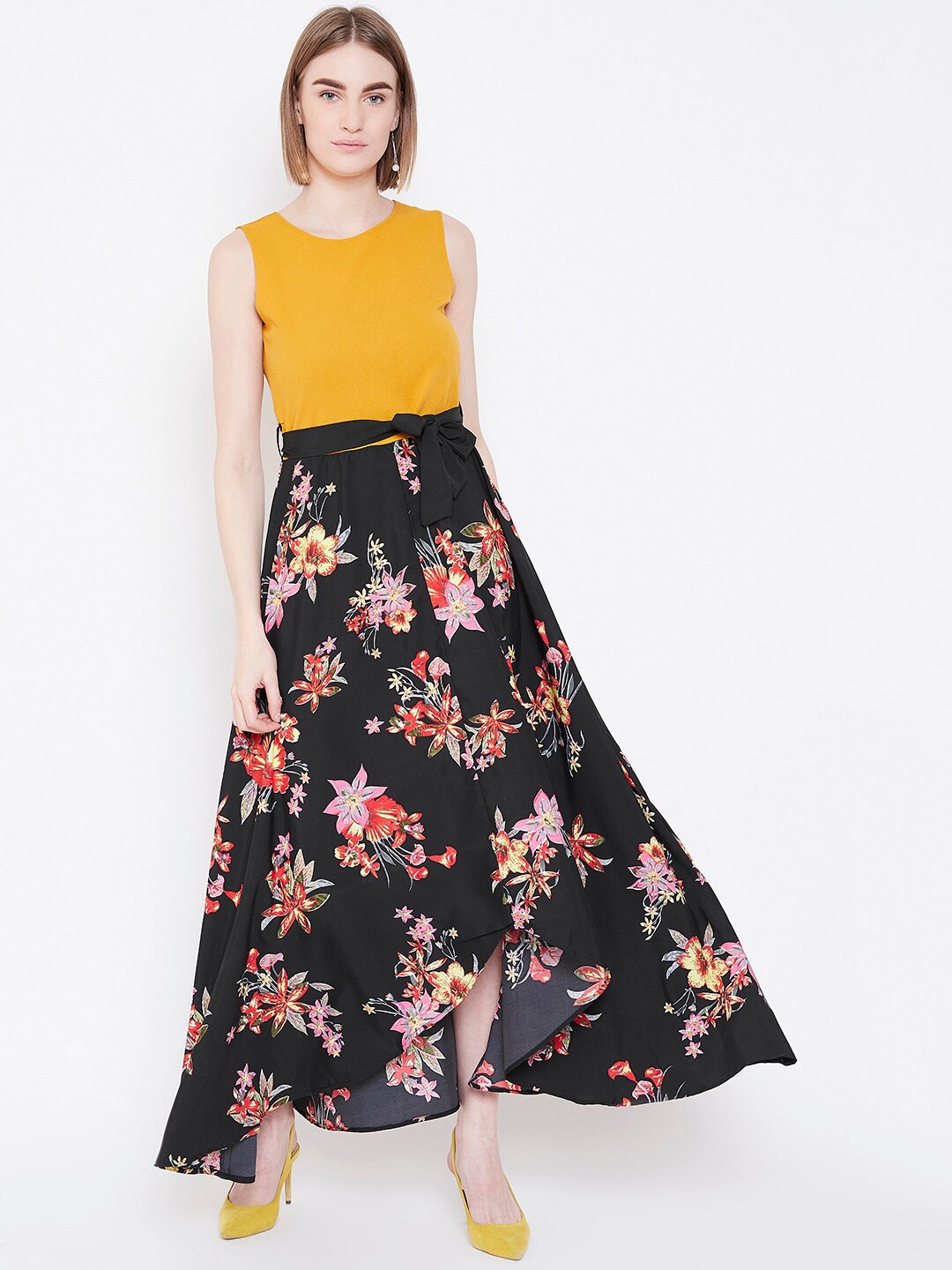 

DressBerry Floral Print Crepe Fit & Flare Maxi Dress, Mustard