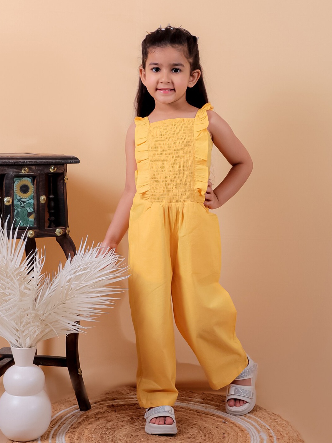 

JUNITOS Girls Pure Cotton Ruffled Smoked Basic Jumpsuit, Yellow