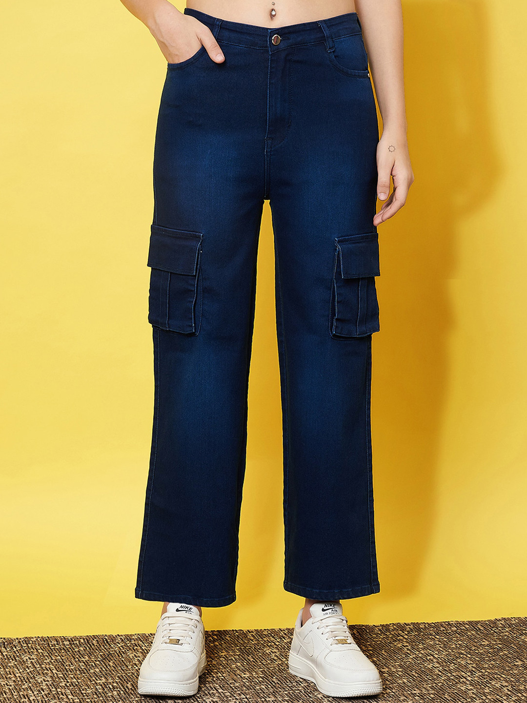 

Purple Feather Women Smart Flared High-Rise Clean Look Cargo Style Stretchable Jeans, Blue