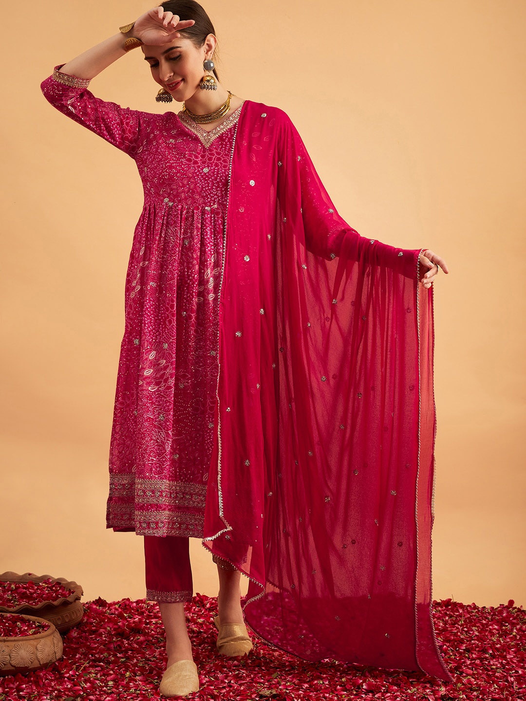 

Anouk Magenta Floral Printed Empire Sequinned Kurta with Trousers & With Dupatta