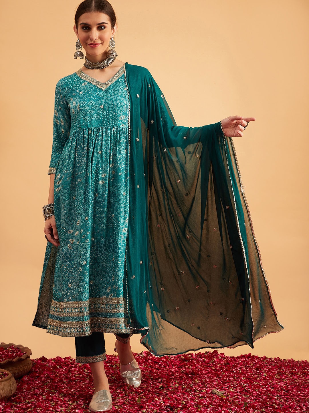 

Anouk Teal Green Floral Printed Empire Sequinned Kurta with Trousers & With Dupatta