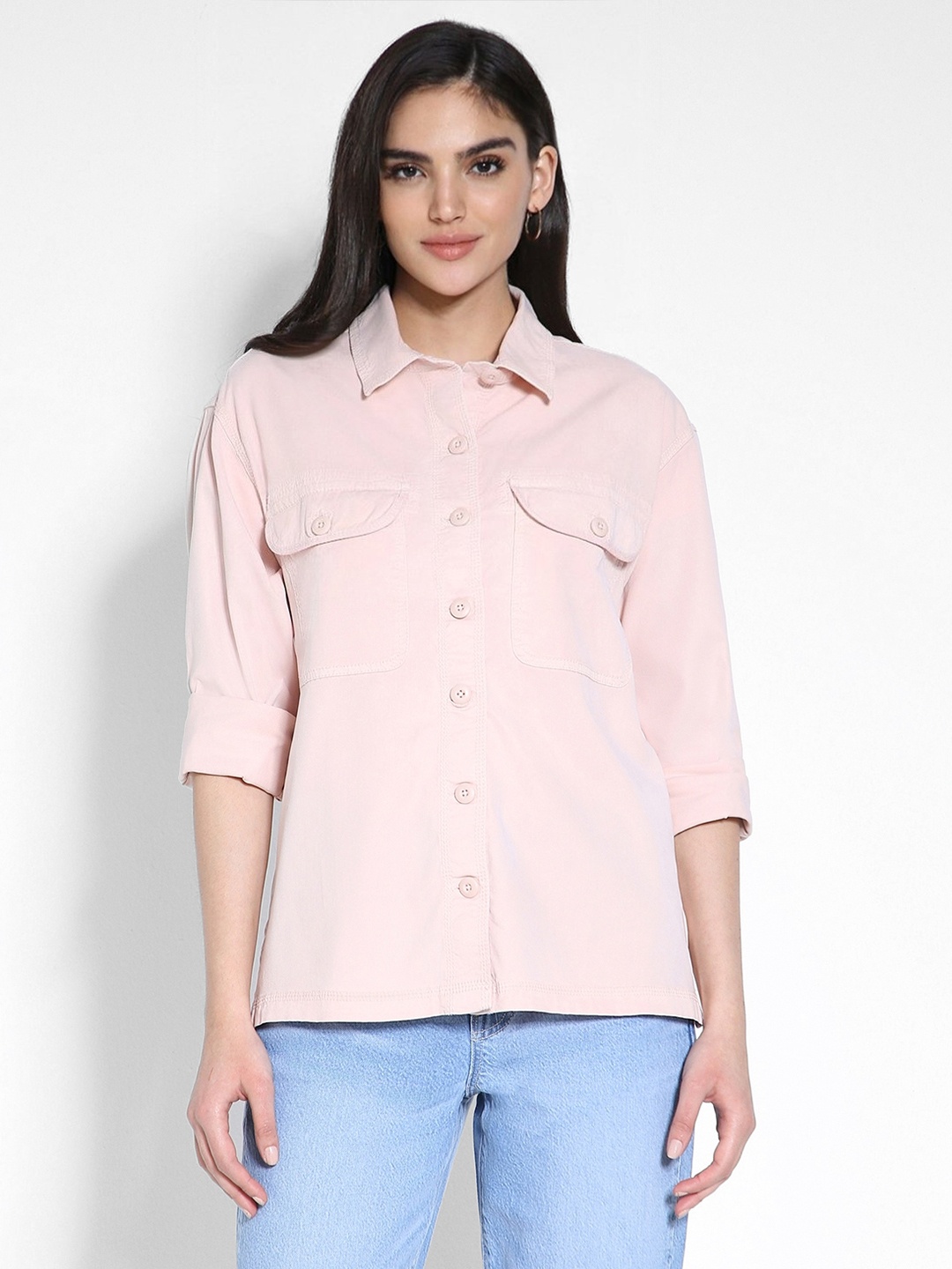 

AMERICAN EAGLE OUTFITTERS Long-Sleeve Cargo Button-Up Shirt, Pink
