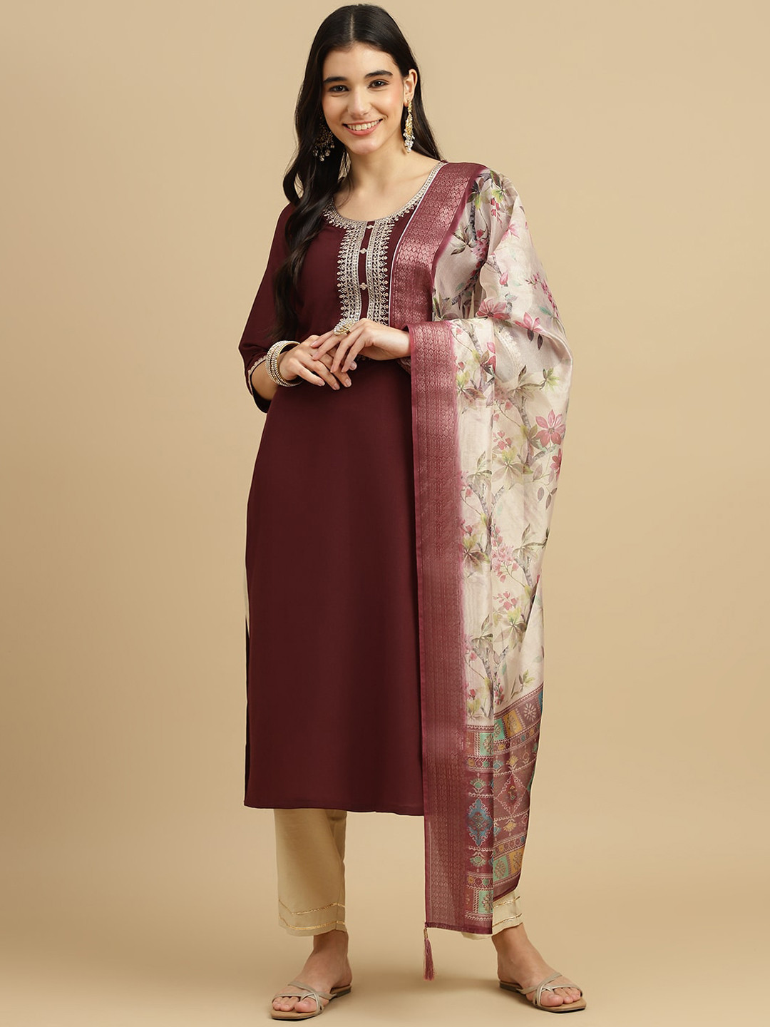 

J Turritopsis Floral Embroidered Straight Kurta with Trousers & Dupatta, Maroon