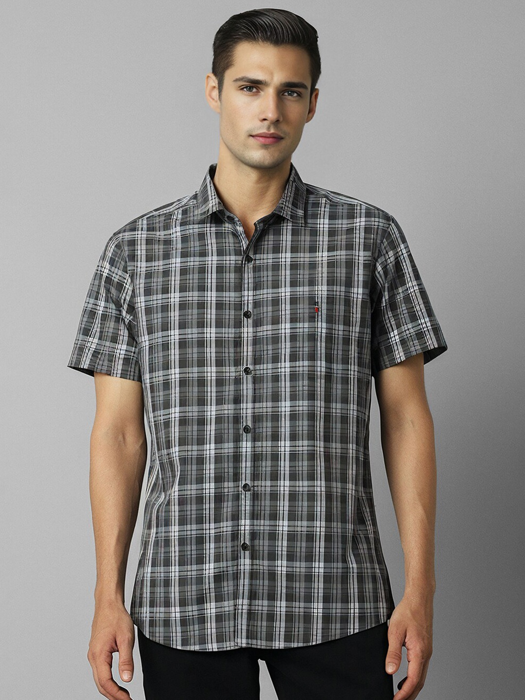 

Louis Philippe Sport Checked Spread Collar Curved Cotton Slim Fit Casual Shirt, Grey