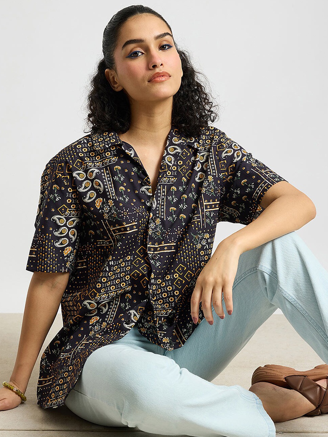 

FREAKINS Floral Opaque Printed Cotton Casual Shirt, Navy blue