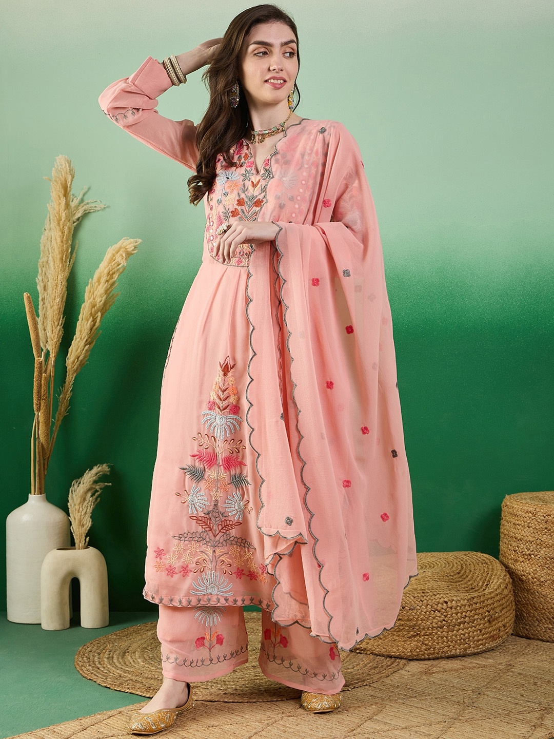 

KALINI Floral Embroidered Thread Work Kurta With Palazzo & Dupatta, Peach