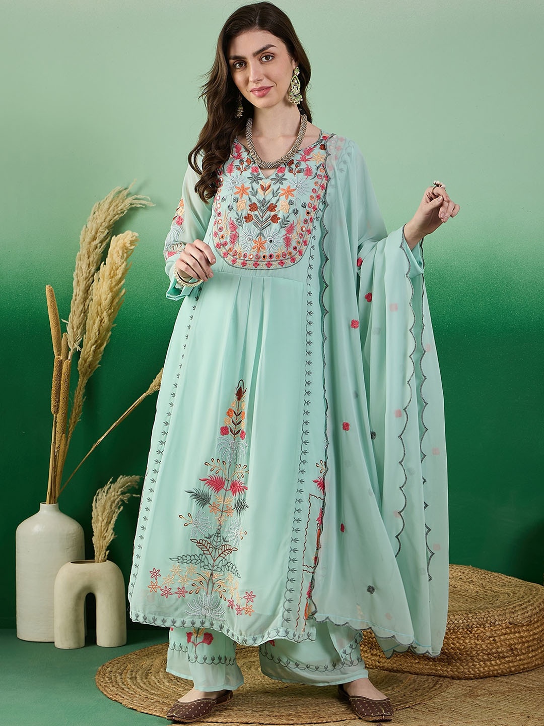 KALINI Women Floral Embroidered Regular Thread Work Kurta Set With Dupatta, Sea green