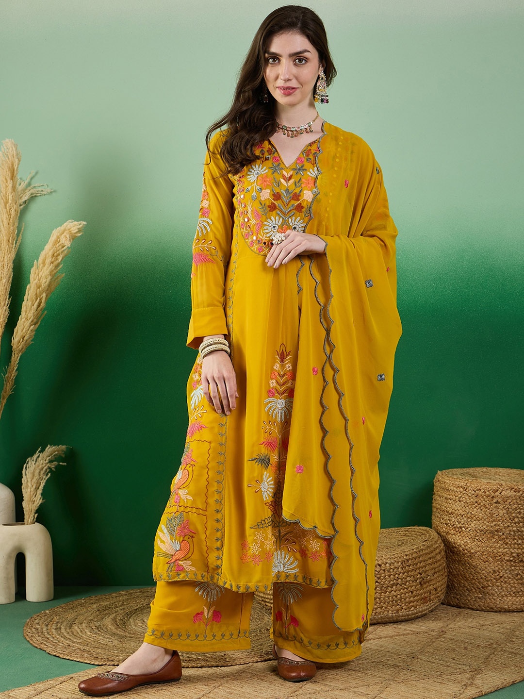 

KALINI Floral Embroidered Thread Work Kurta With Palazzo & Dupatta, Yellow