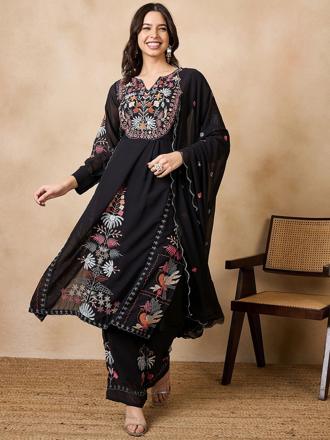 

KALINI Floral Embroidered Georgette A-Line Kurta with Palazzos & Dupatta, Black