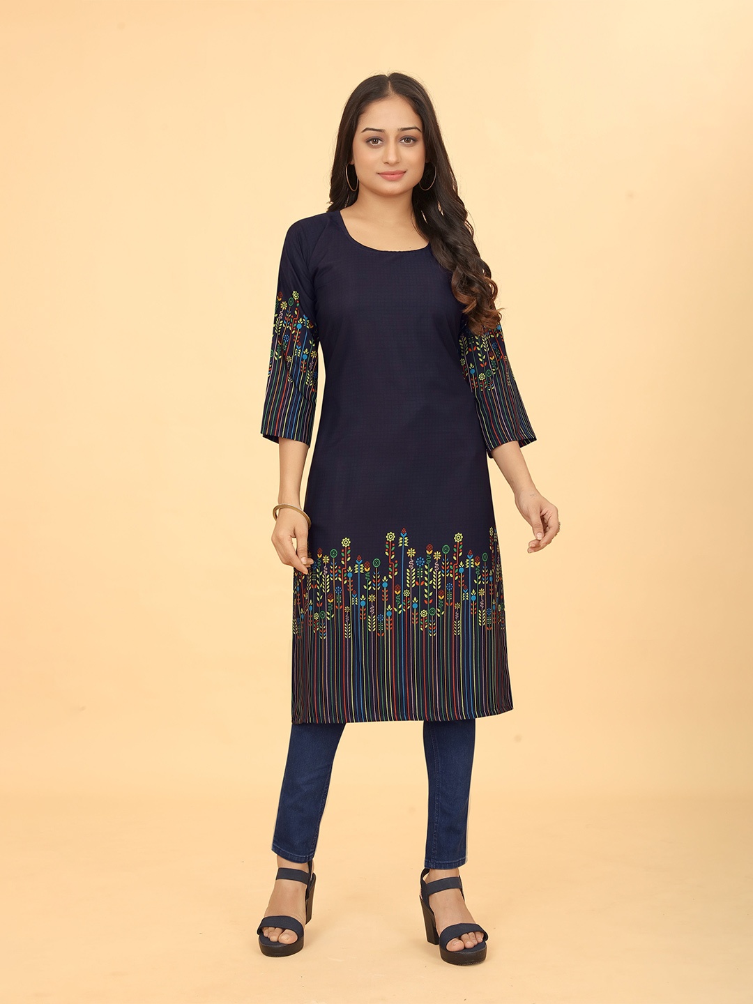 

Jimmy Paris Floral Printed Straight Kurta, Navy blue