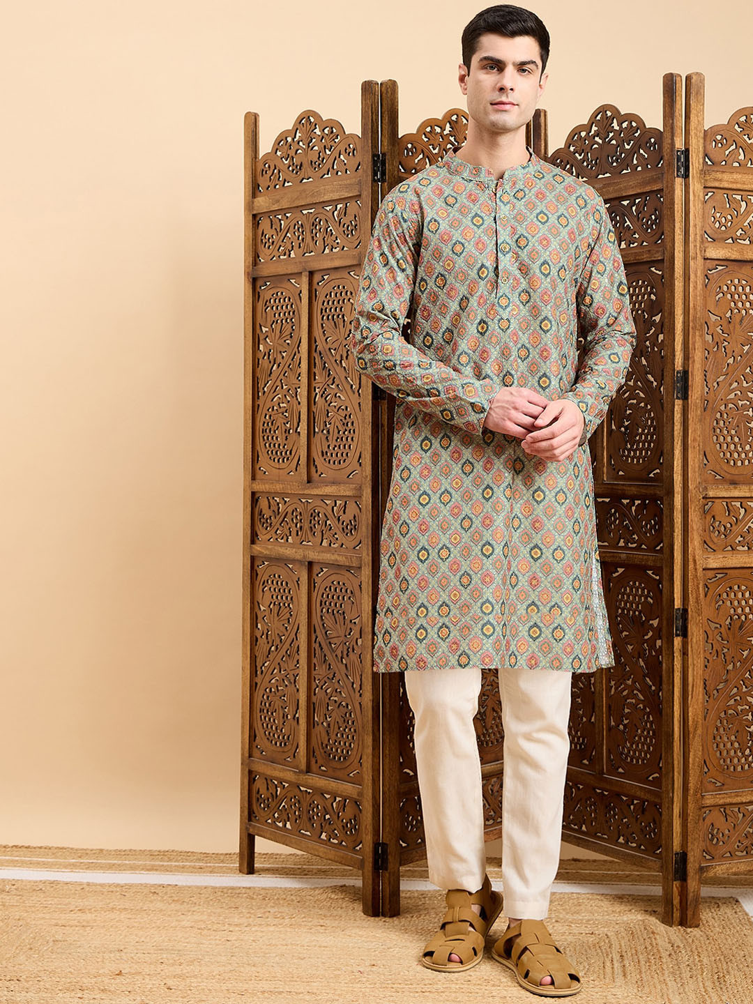 

Inddus Ethnic Printed Mandarin Collar Zari Cotton Stright Kurta, Green