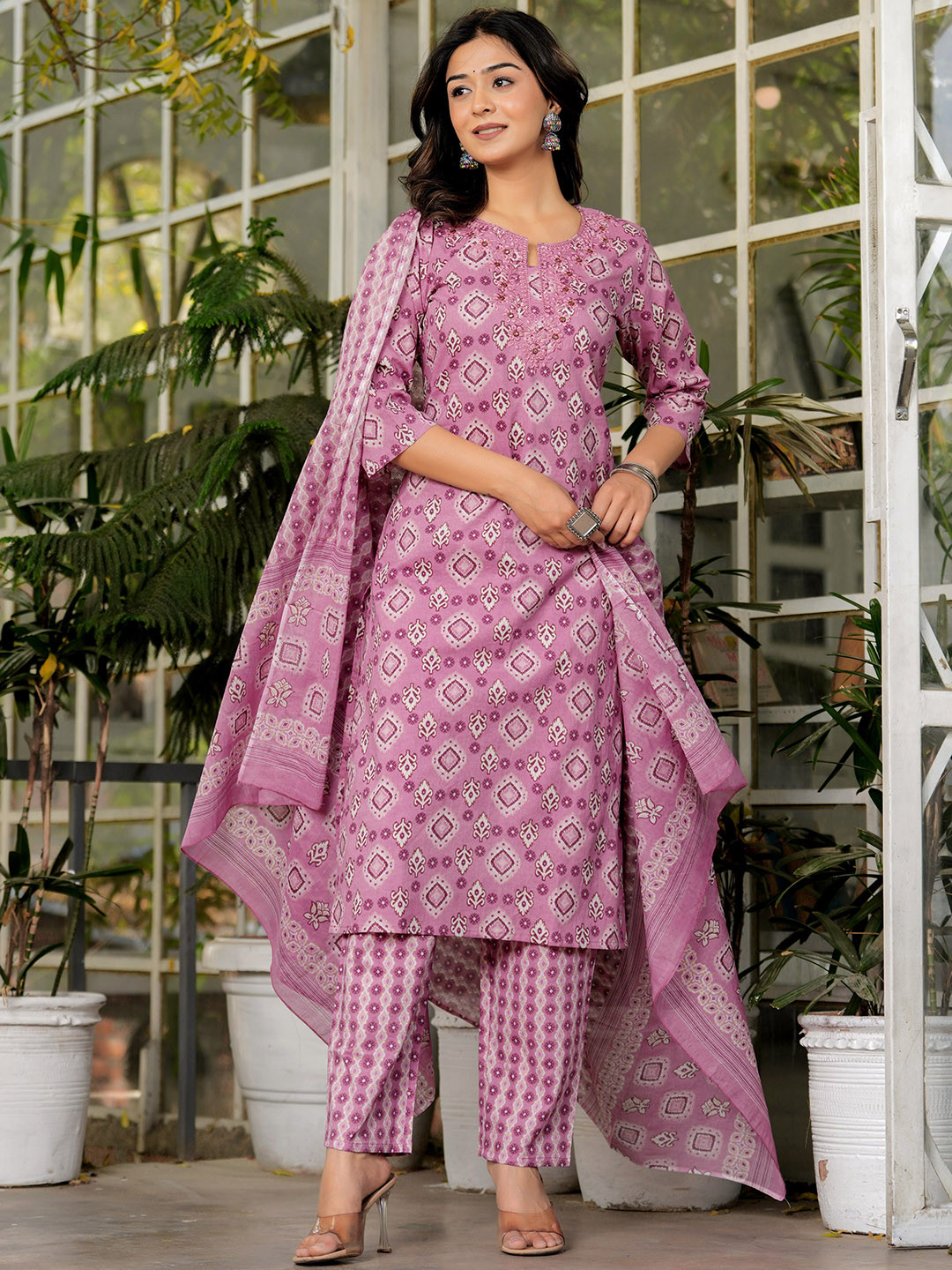 

EKAKRITI Ethnic Motifs Printed Thread Work Detailed Kurta & Trouser With Dupatta, Purple