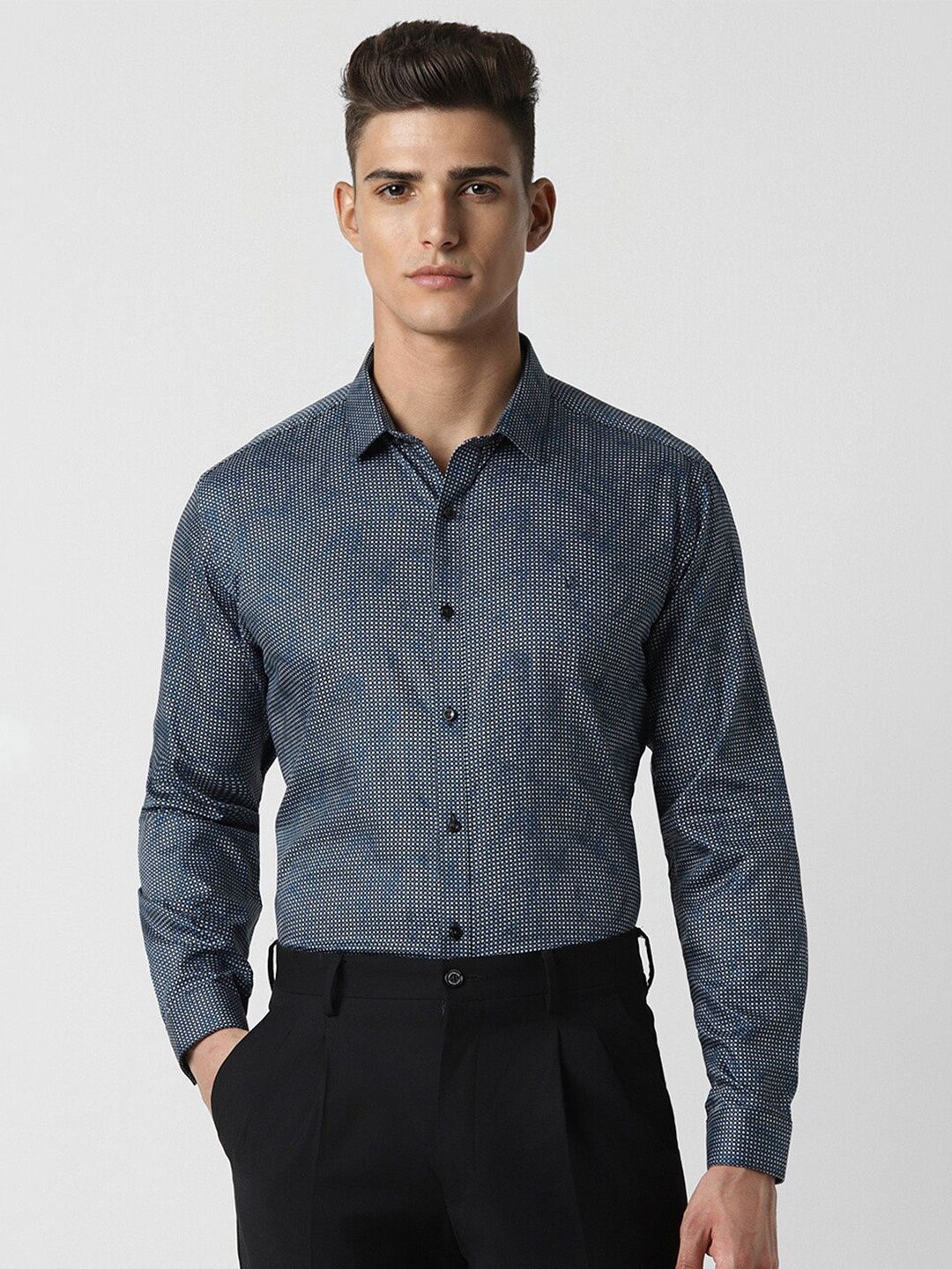 

V Dot Slim Fit Micro Ditsy Printed Opaque Cotton Party Shirt, Navy blue