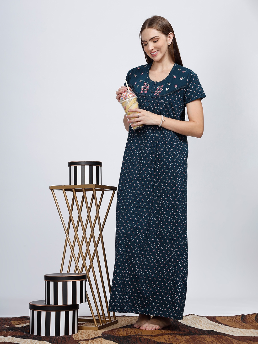 

9shines Label Printed Maternity Maxi Nightdress With Feeding Zips, Green