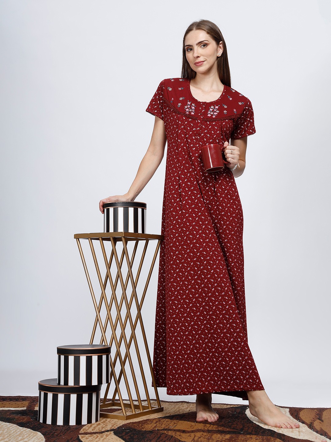 

9shines Label Printed Maternity Maxi Nightdress With Feeding Zips, Maroon