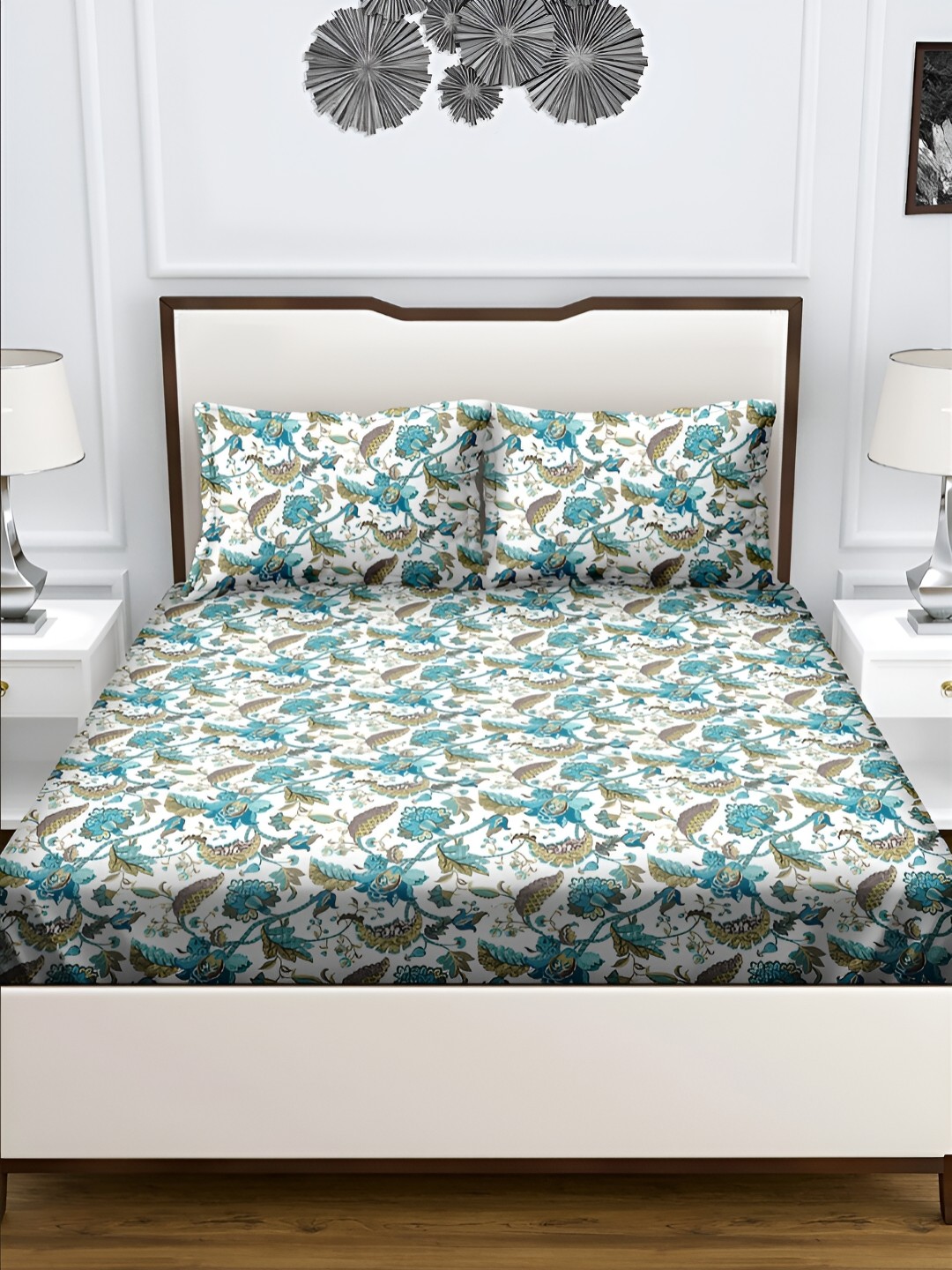 

Aura Teal & White Floral 180 TC Queen Bedsheet with 2 Pillow Covers