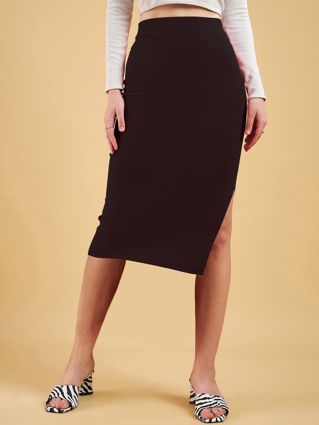 

Purple Feather Pencil Midi Skirts, Black