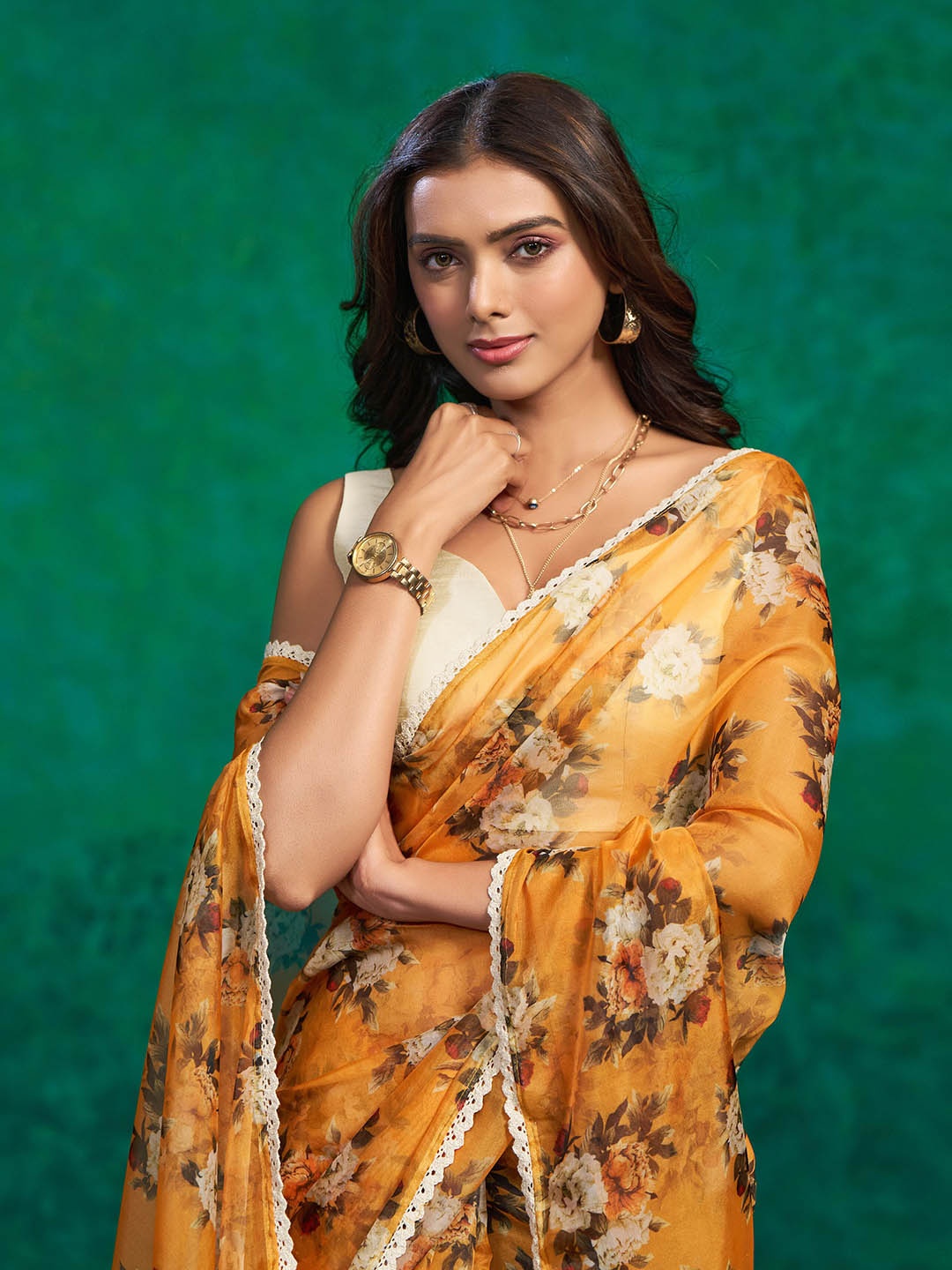 

Sangria Floral Printed Organza Saree, Gold