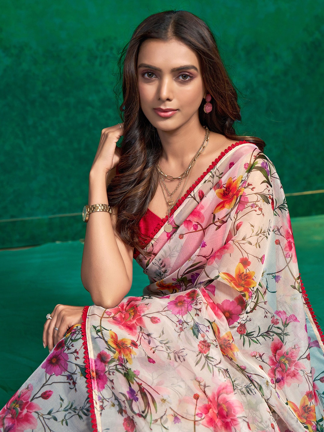 

Sangria Floral Printed Organza Saree, Off white