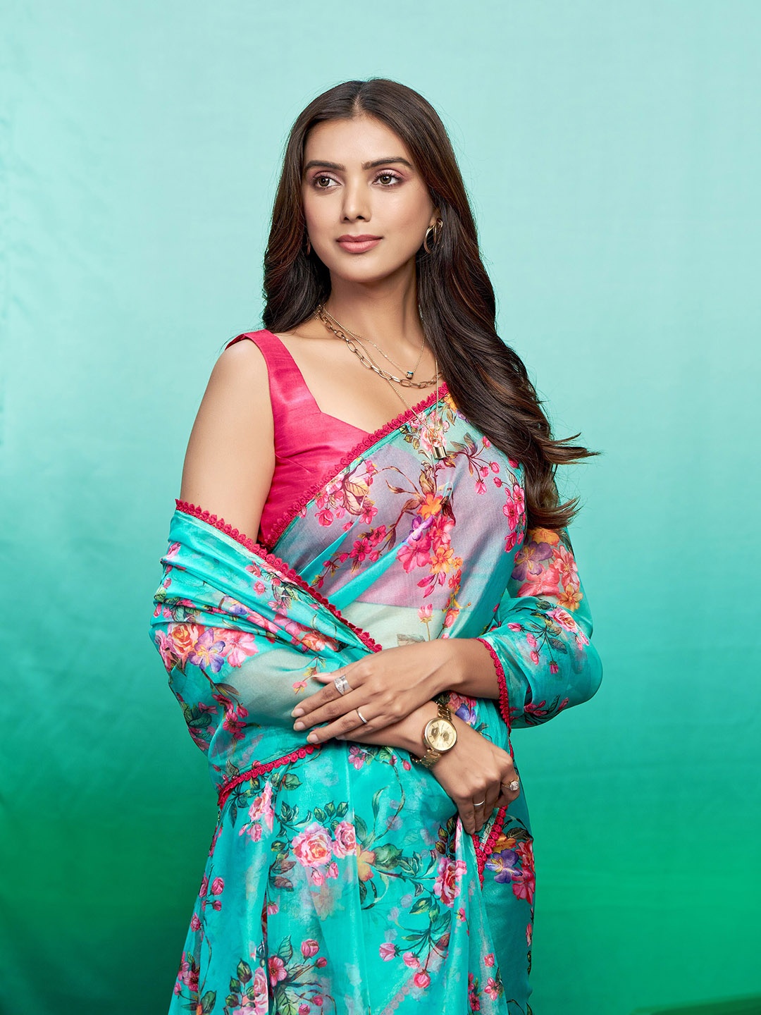 

Sangria Floral Printed Organza Saree, Sea green
