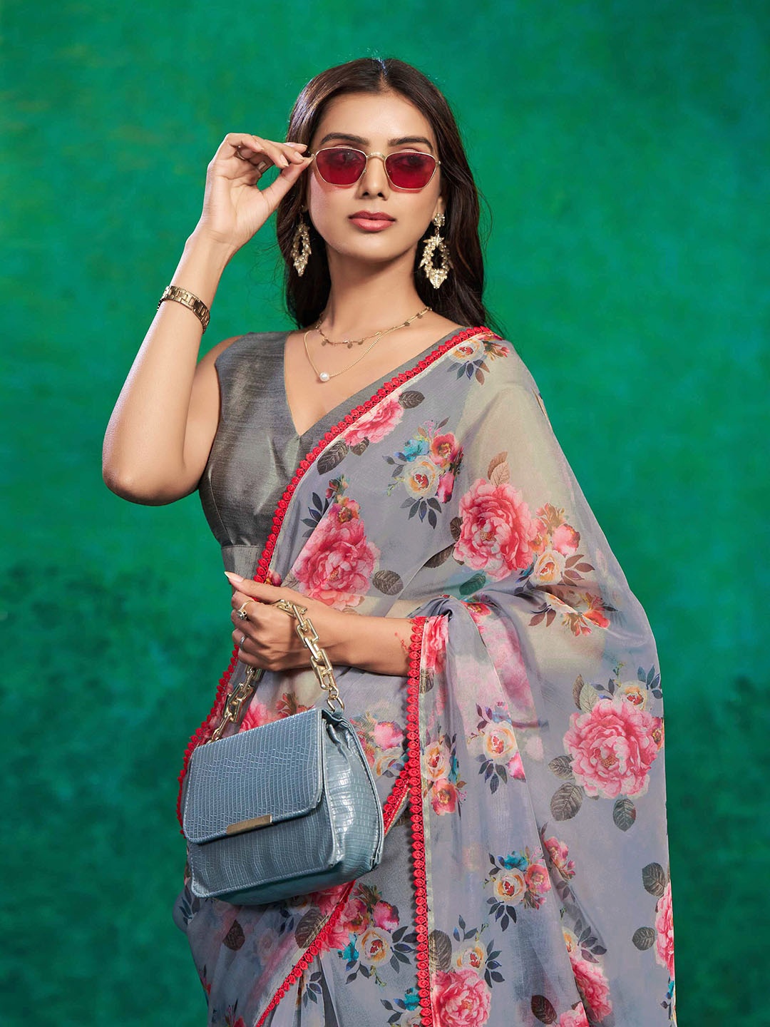 

Sangria Floral Printed Organza Saree, Grey