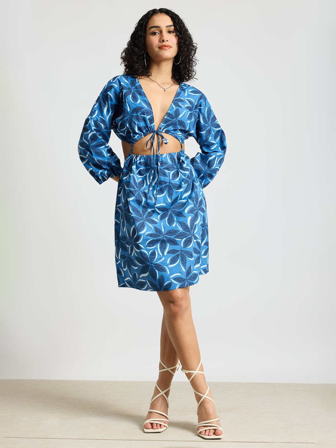 

FREAKINS Floral Print Pure Cotton Puff Sleeve Sheath Dress, Blue