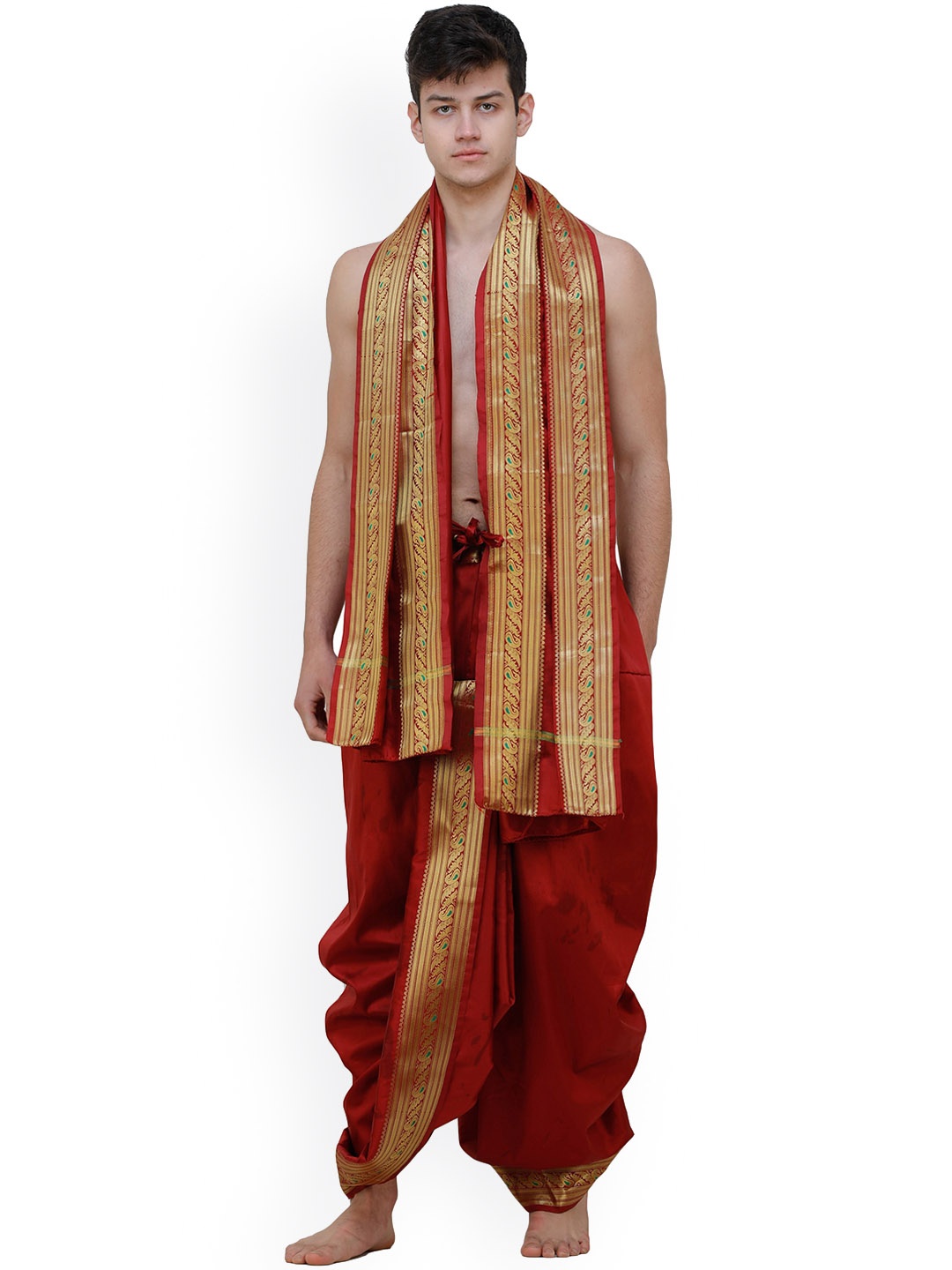 

Exotic India Ready to Wear Dhoti with Angavastram Set and Meenakari Woven Golden Border, Red