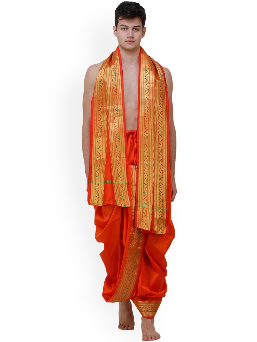 

Exotic India Ready To Wear Dhoti And Angavastram Set, Orange