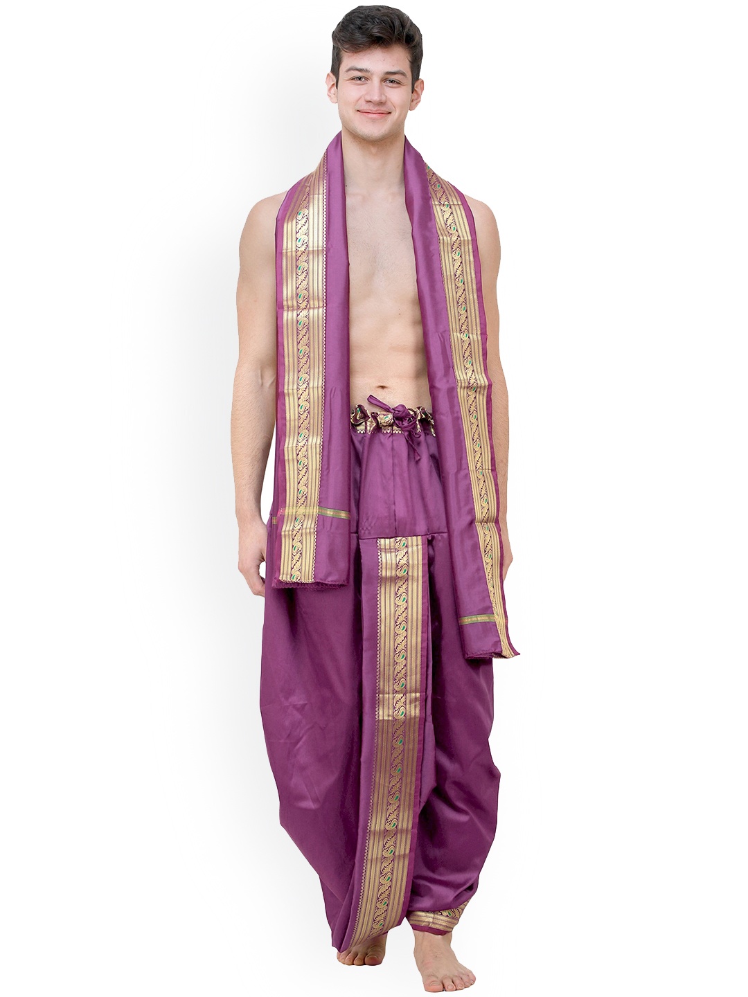 

Exotic India Ready To Wear Meenakari Dhoti And Angavastram Set, Purple