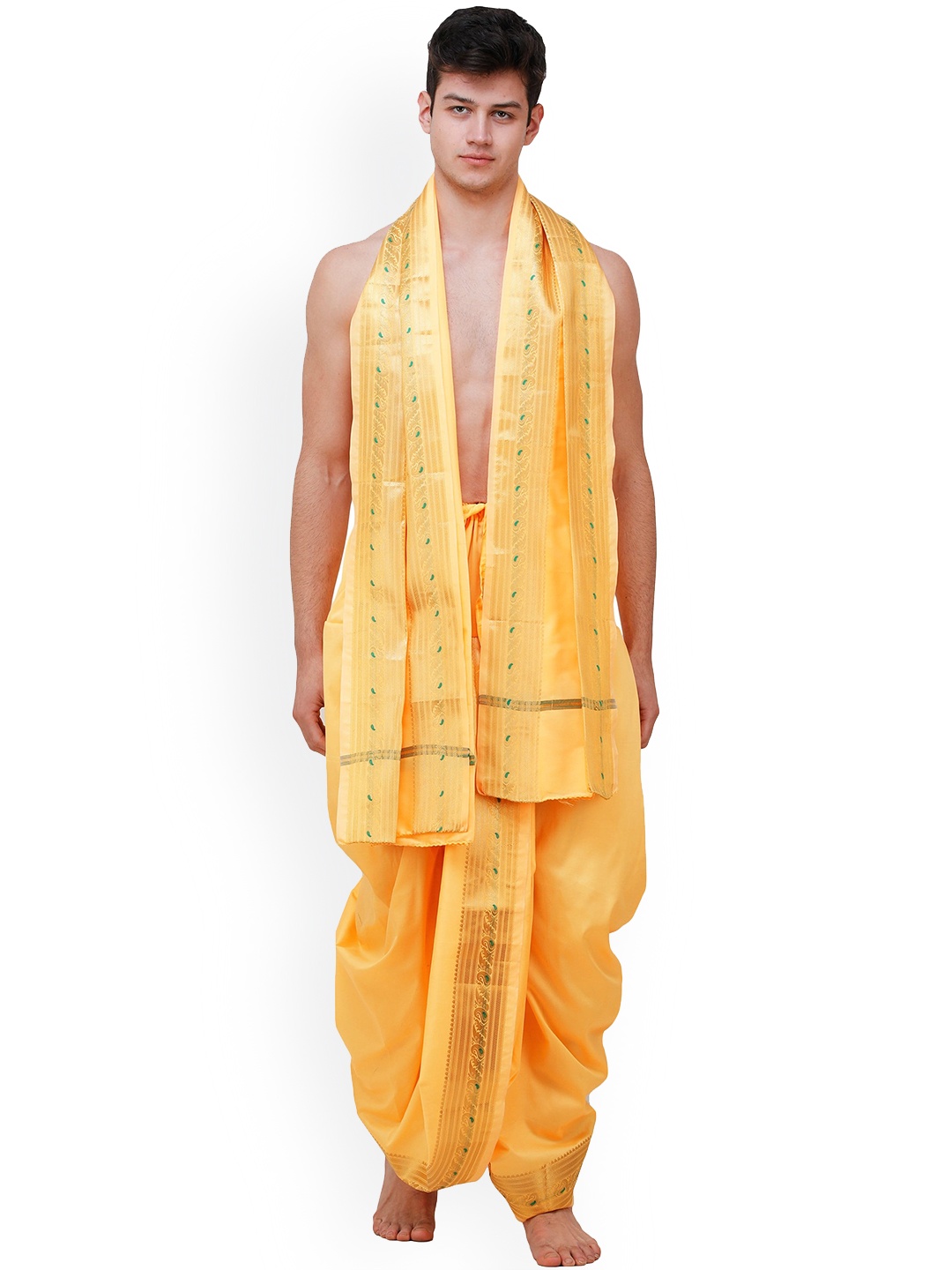 

Exotic India Ready to Wear Dhoti with Angavastram Set and Meenakari Woven Golden Border, Yellow