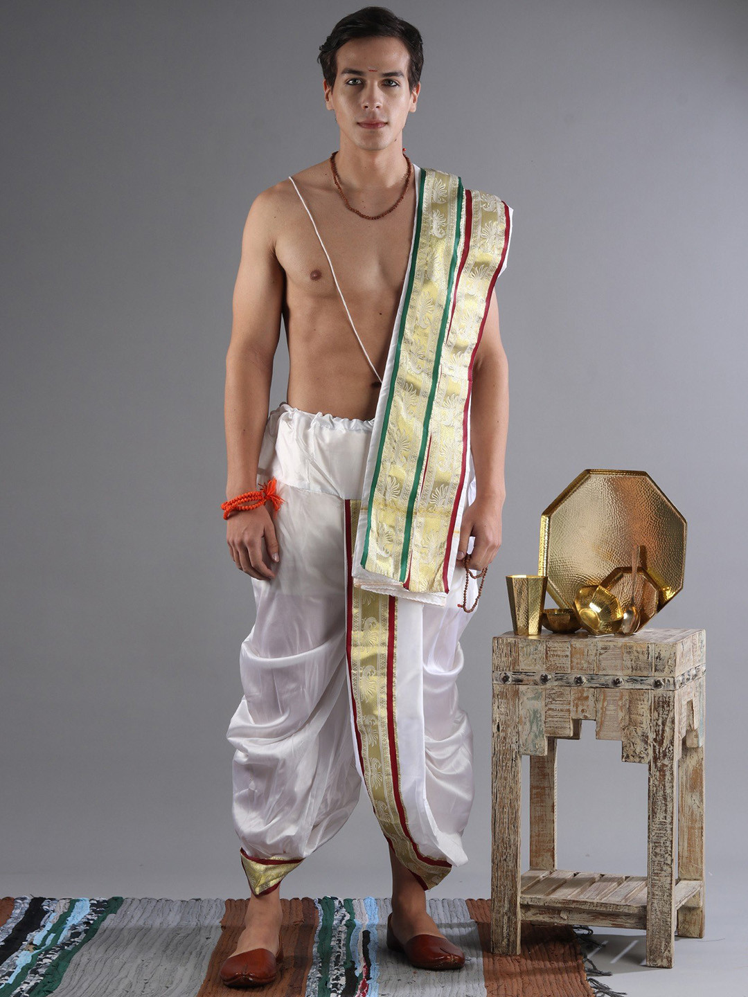 

Exotic India Men Ready to Wear Dhoti & Angavastram Set, White